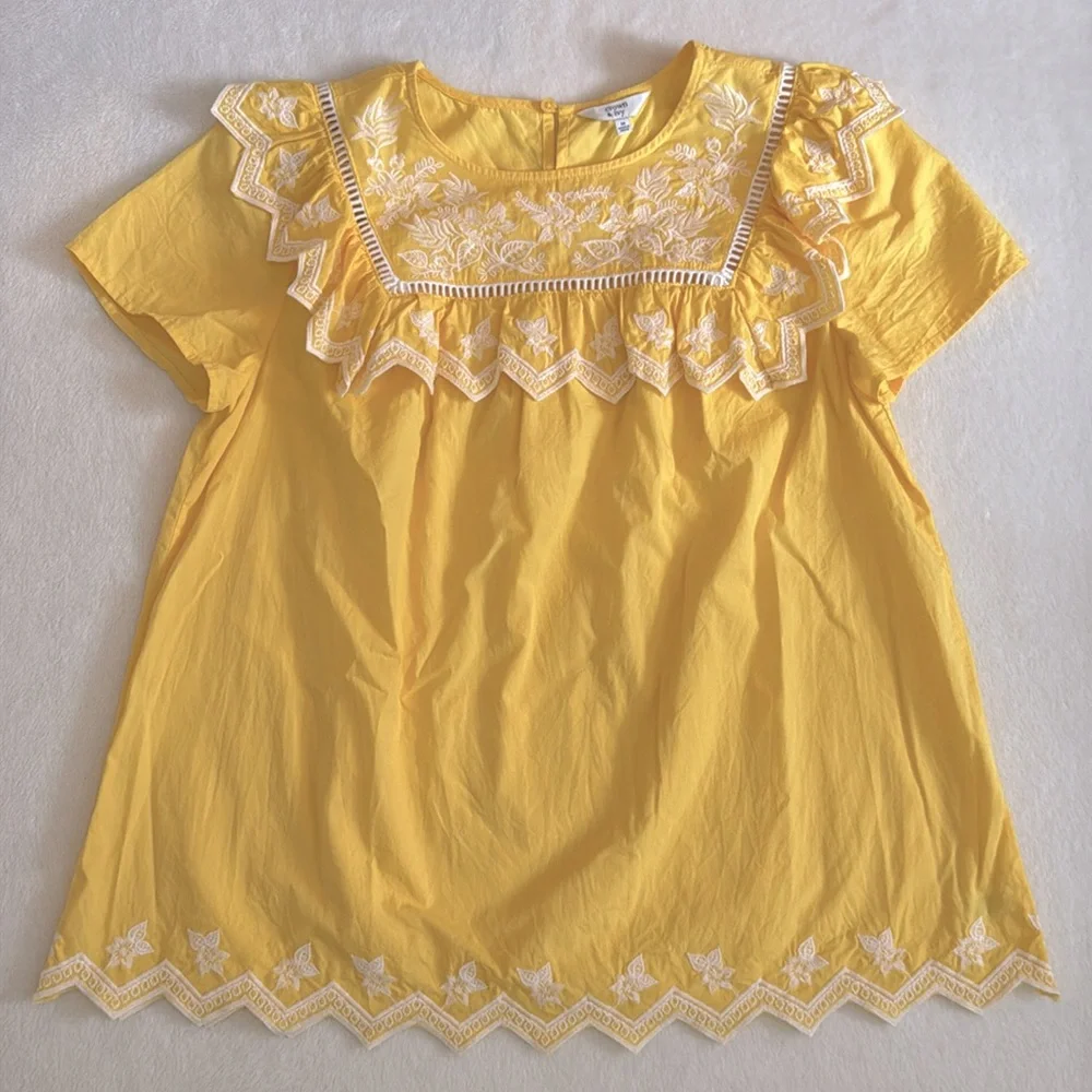 Crown & Ivy | Embroidered Ruffle Yoke Short Sleeve Zigzag Hem Top Yellow/White M - Picture 16 of 16